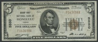 Fr1800 - 2 Ch 5550 $5 1929 National Bank Of Honolulu,  Hi (xf) Hw5458