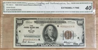 1929 $100 Note From Federal Reserve Bank Of Dallas Texas.  Low Serial Number