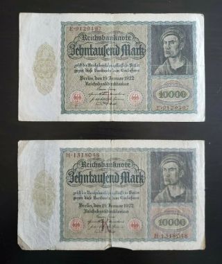 (2) 1922 German 10000 Reichsbanknote Serial Numbers H1318048 & E9129497