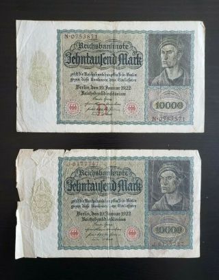 (2) 1922 German 10000 Reichsbanknote Serial Numbers N0753871 & J6177747