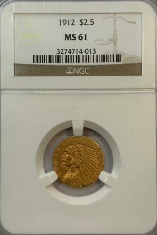Ngc Ms61 1912 $2.  5 Indian Head Gold Coin.  Bu.  Nr.