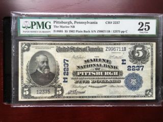 1902 $5 Plain Back Pittsburgh,  Pennsylvania National Bank Note (vf 25) Pmg