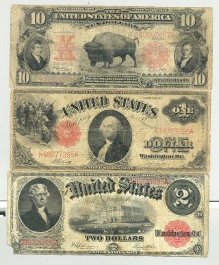 Set Of $1 And $2 Series 1917 And $10 1901 Bison United States Notes