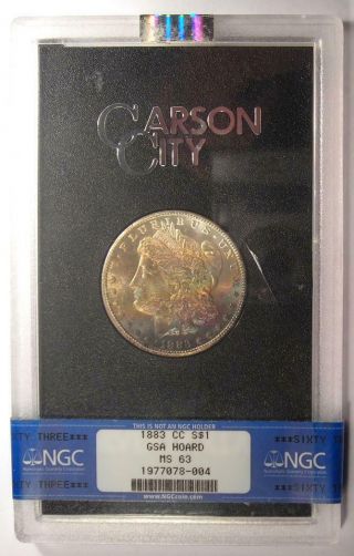 1883 - CC Morgan Silver Dollar $1 Coin in GSA Holder - NGC MS63 - Rainbow Tone 2