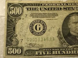 1934 Chicago $500 FIVE HUNDRED DOLLAR BILL Has Been Written On Front Of Bill 3