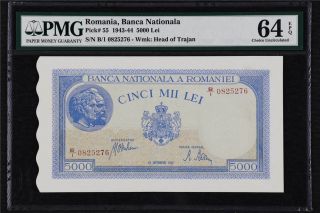 1943 - 44 Romania Banca Nationala 5000 Lei Pick 55 Pmg 64 Epq Choice Unc