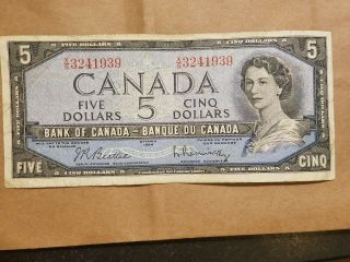 1954 Canada $5 Bill Canadian Five Dollar Note Beattie Rasminsky X/s Prefix