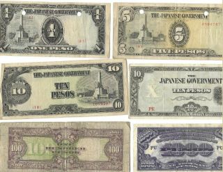Set Of Six (6) Wwii Japanese Occupation Notes Of Philippines: One Thru 1000 Peso