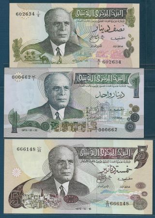 Tunisia 1/2,  1,  5 Dinars Set,  1973,  P 69a 70 71,  Unc