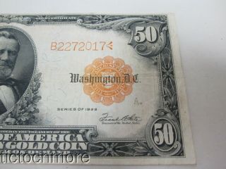 US $50 FIFTY DOLLAR BILL GOLD CERTIFICATE SERIES 1922 SEAL LARGE NOTE GRANT 2