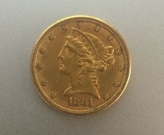 1881 Gold United States $5 Dollar Liberty Head Half Eagle Coin