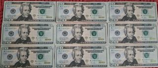 $20 Star Note Low Serial Number 9 $20 Consecutive Dollar Bills - 2013 L12 E1