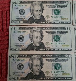 $20 STAR NOTE LOW SERIAL NUMBER 9 $20 CONSECUTIVE DOLLAR BILLS - 2013 L12 E1 3