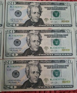 $20 STAR NOTE LOW SERIAL NUMBER 9 $20 CONSECUTIVE DOLLAR BILLS - 2013 L12 E1 4