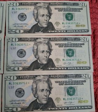 $20 STAR NOTE LOW SERIAL NUMBER 9 $20 CONSECUTIVE DOLLAR BILLS - 2013 L12 E1 5