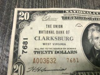 1929 The Union National Bank of Clarksburg WV twenty dollar bill $20 2