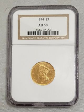 1874 $3 Three Dollar Gold Princess Head Indian Coin Au 58 Ngc 1506219 - 003