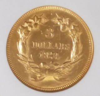 1874 $3 Three Dollar Gold Princess Head Indian Coin AU 58 NGC 1506219 - 003 4
