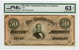 1864 T - 66 $50 The Confederate States Of America Note - Civil War Era Pmg 63 Epq