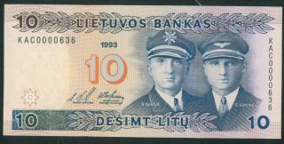 Lithuania 10 Litu (1993) Unc Banknote Litas Low S/n Kac0000636