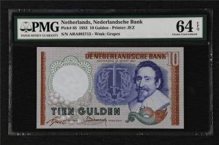 1953 Netherlands Nederlandsche Bank 10 Gulden Pick 85 Pmg 64 Epq Choice Unc