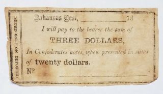 Arkansas Post Confederate $3 Bond Certificate/obsolete Banknote