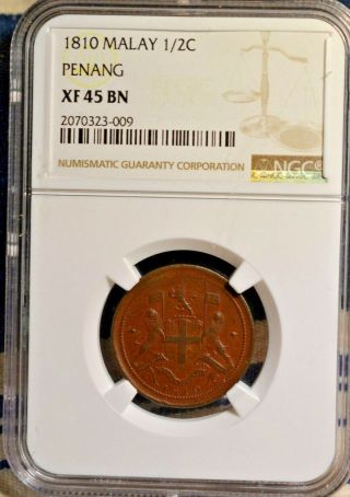 1810 Malay Peninsula Penang,  1/2c Xf45 Bn,  Only 5 Ngc Coins Grade Higher