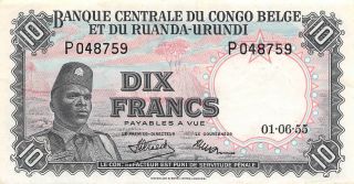 Belgian Congo 10 Francs 1.  6.  1955 P 30a Series P Circulated Banknote B23