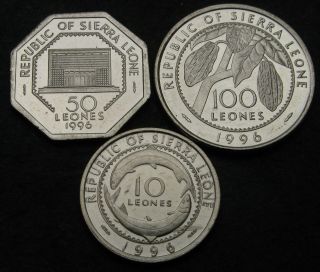 Sierra Leone 10,  50,  100 Leones 1996 - 3 Coins.  - 507
