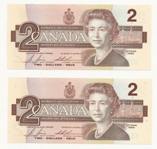2 Canada 1986 2 Dollar Bank Notes Unc 2 Consecutive