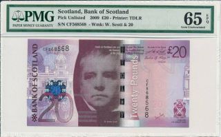 Bank Of Scotland Scotland 20 Pounds 2009 S/no 568568 Pmg 65epq