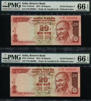 Tt Pk Unl 2015 India 20 Rupees Gandhi S/n 000004 & 000005 Pmg 66q Set Of Two