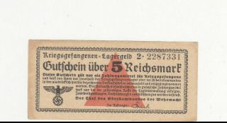 5 Reichsmark Vf Crisp German Concentration Camp Note From The Wehrmacht 1939