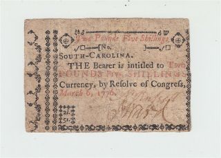 1776 South Carolina Colonial Currency 2p/5s Two Pounds Five Shilling Note / Usa