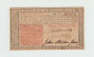 1776 Colonial Currency Jersey 3s Note / Three Shillings Bill / Usa Us