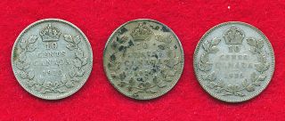 Canada 1920,  1929 & 1936 10 Cents (3 Coins) Silver