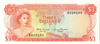 Bahamas Monetary Authority 1968 $3 Three Dollars P - 28 Ef,  / Au