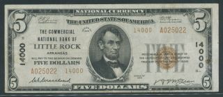 Fr1800 - 1 Ch 14000 $5 1929 National Bank Of " Little Rock,  Ark " Vf - Xf Bu9691