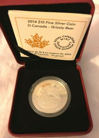 2014 $10 1/2 Oz Fine Silver O Canada Series Grizzly Bear W/ Box And Co