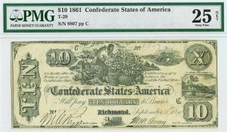 1861 T - 29 Confederate States Of America $10 Richmond,  Virginia Note Pmg Vf 25