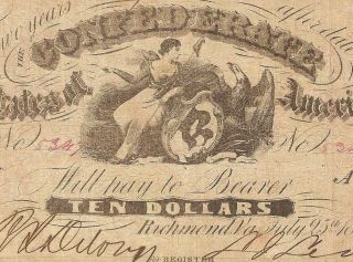 1861 $10 Dollar Bill Confederate States Currency Civil War Note Paper Money T - 10