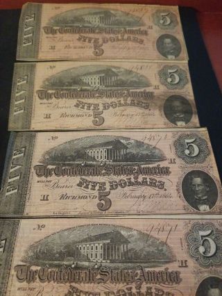 1864 Confederate Currency 19 Sequential Serial ' s Uncirculated 5 Dollar Bills 4
