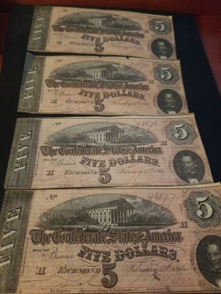 1864 Confederate Currency 19 Sequential Serial ' s Uncirculated 5 Dollar Bills 5