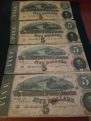 1864 Confederate Currency 19 Sequential Serial ' s Uncirculated 5 Dollar Bills 6