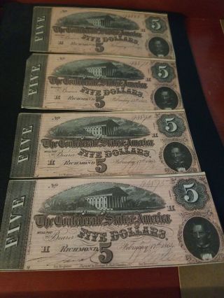 1864 Confederate Currency 19 Sequential Serial ' s Uncirculated 5 Dollar Bills 7