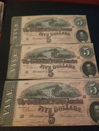 1864 Confederate Currency 19 Sequential Serial ' s Uncirculated 5 Dollar Bills 8