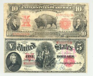 Higher Grade $5 1907 Woodchopper And $10 1901 Bison United States Notes