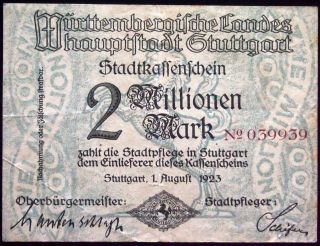 Stuttgart 1923 2 Million Mark Inflation Notgeld German Banknote