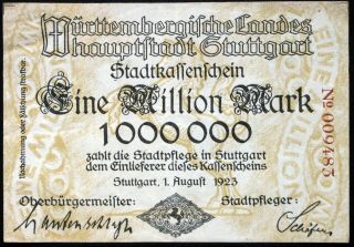 Stuttgart 1923 1 Million Mark Inflation Notgeld German Banknote
