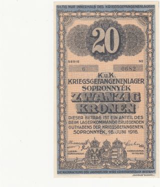 20 Korona/kronen Unc Prisoner Of War Camp Note From Austro - Hungary 1916